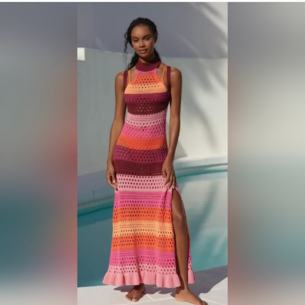 Anthropologie Rainbow Halter Mock neck crochet cover up dress - Picture 2 of 6